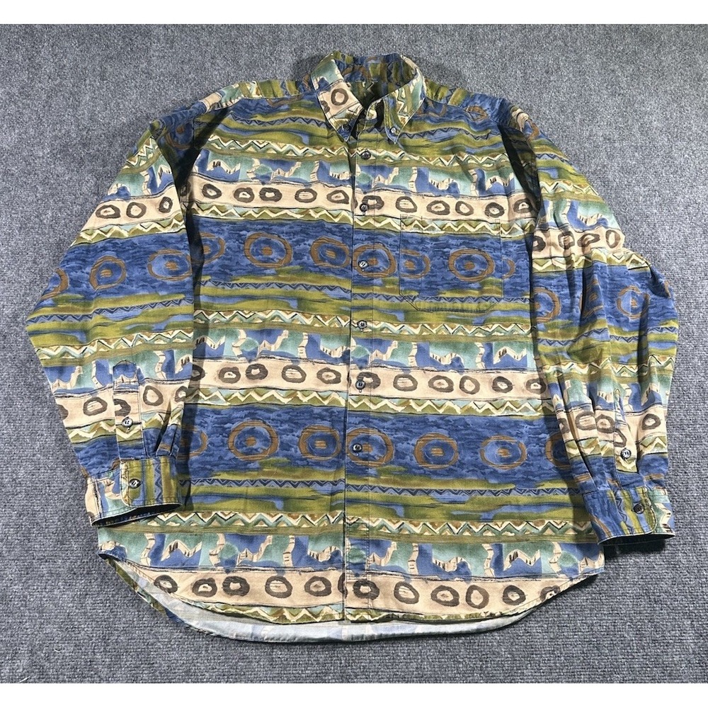 VTG The Territory Ahead Mens XL Cotton Button Up L/S Blue Green Geometric Shirt